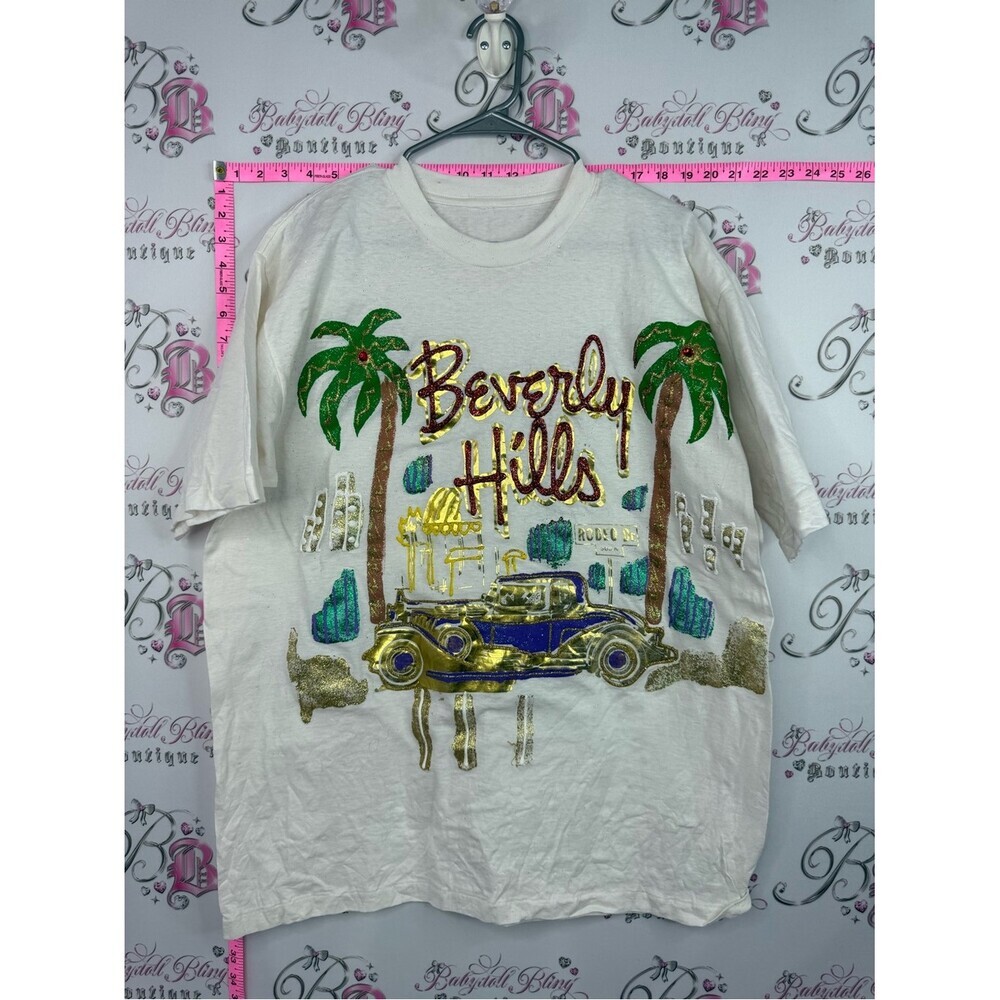 Beverly Hills 3D tshirt rare Sequin Graphic Tee - Cream with Green & Gold
